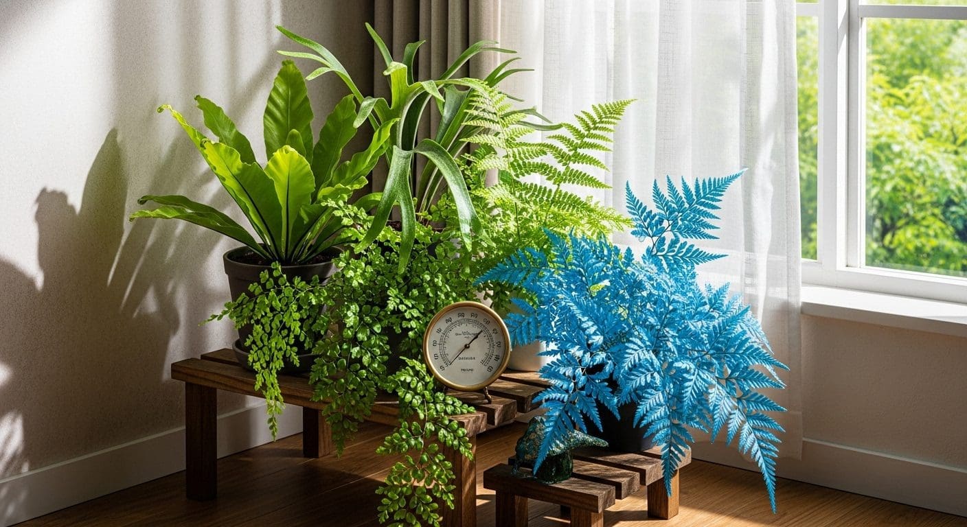 Rare ferns grouped near an east-facing window with ~60% RH