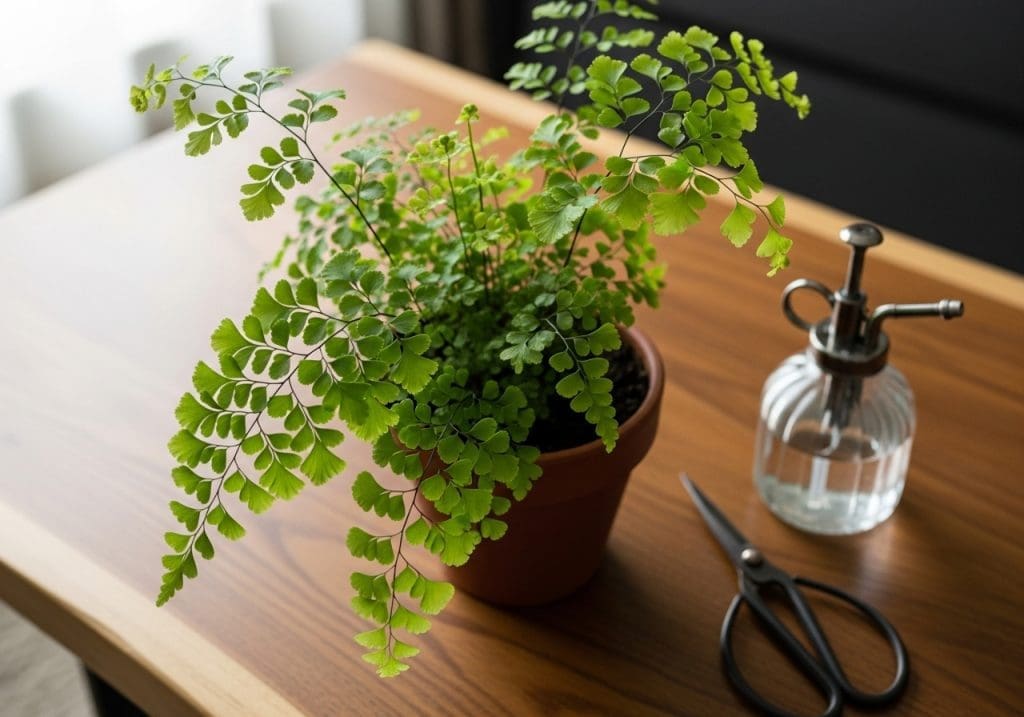 Reviving a stressed maidenhair with trimmed fronds and gentle care