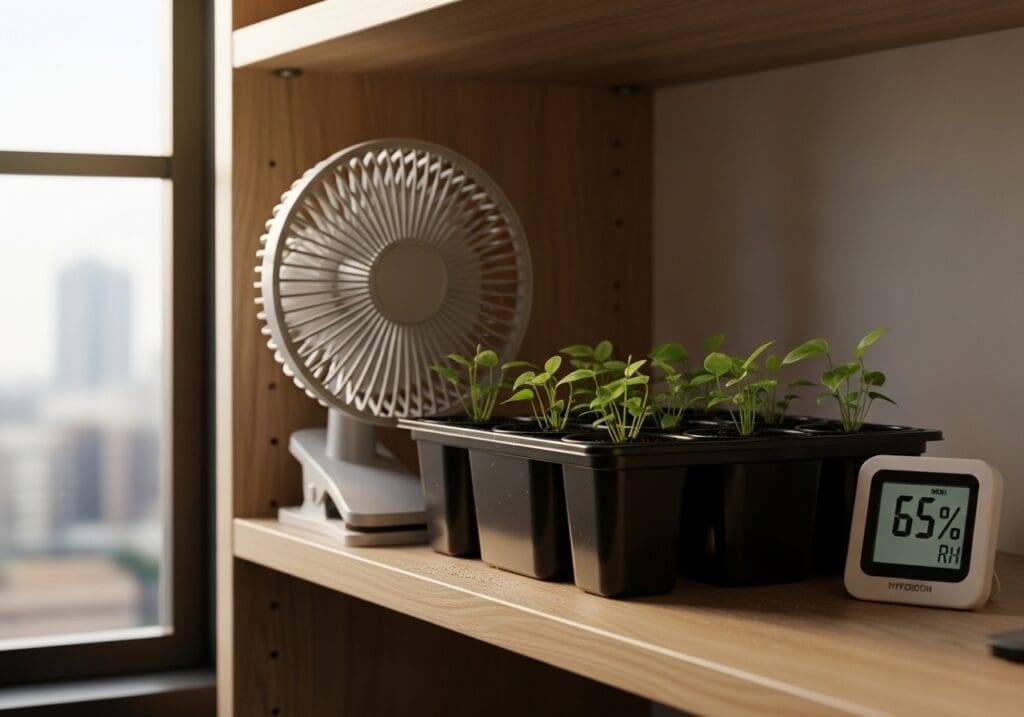 Seedling shelf with gentle airflow and mid-60s RH
