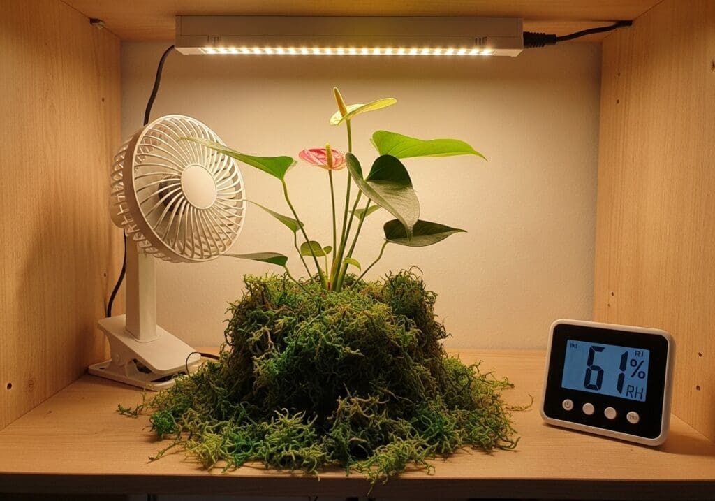 Shallow-potted anthurium in fluffy moss with gentle airflow at 61% RH