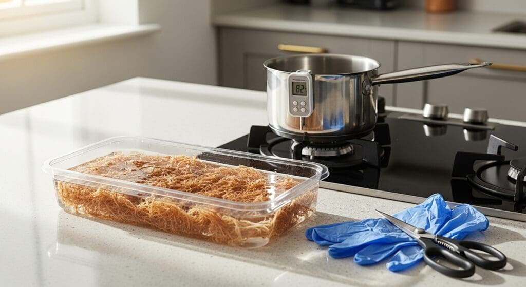 Sphagnum soaking and pasteurization setup on a home counter