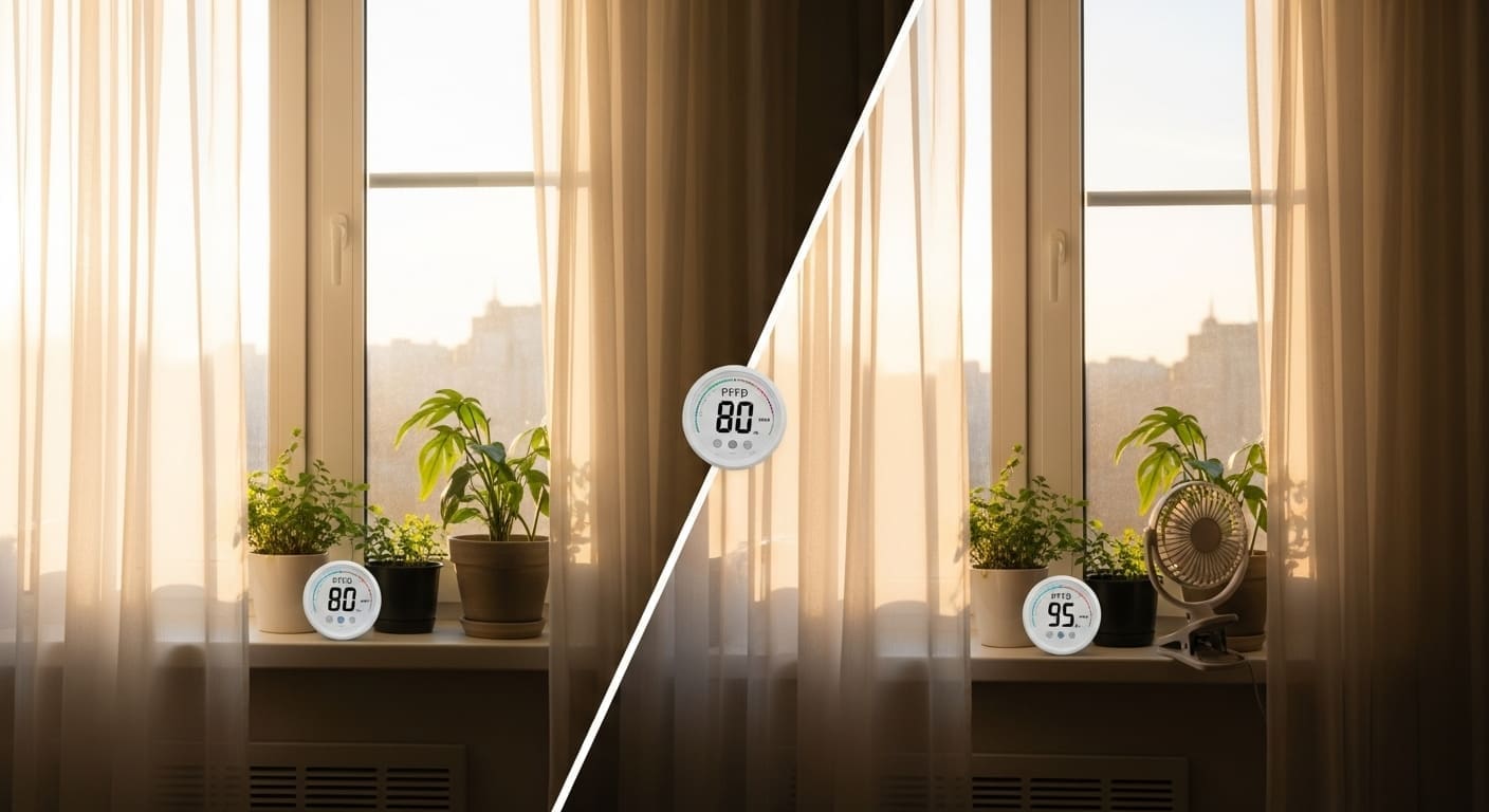 Split scene—east window ~80 PPFD vs west window ~95 PPFD with fan and sheer