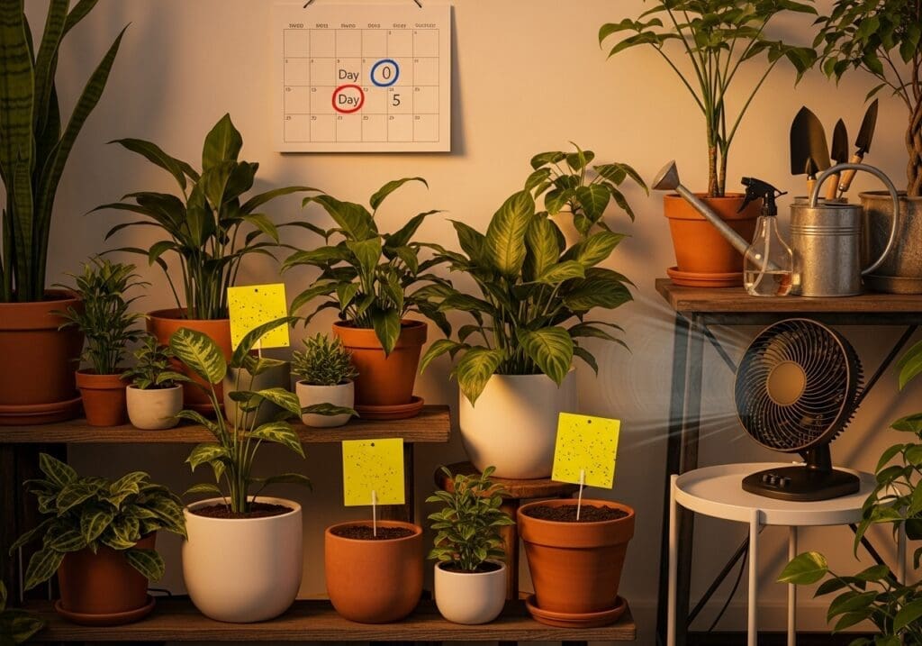 Sticky traps, gentle airflow, and a calendar marking repeat day