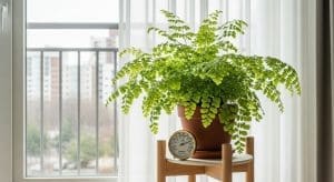 Thriving maidenhair fern by a window with ~60% humidity