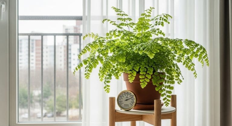 Thriving maidenhair fern by a window with ~60% humidity