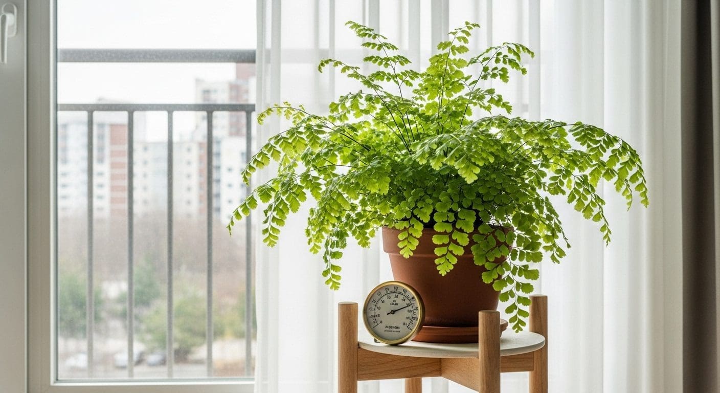 Thriving maidenhair fern by a window with ~60% humidity