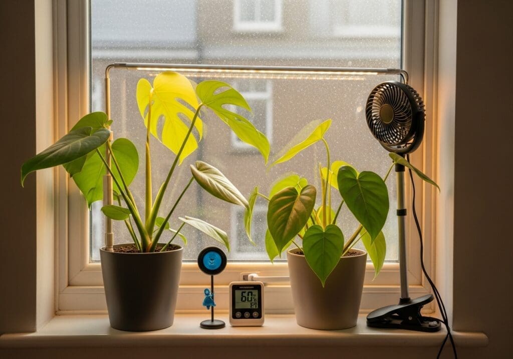 Two aroids under a slim bar ~30 cm above; east window