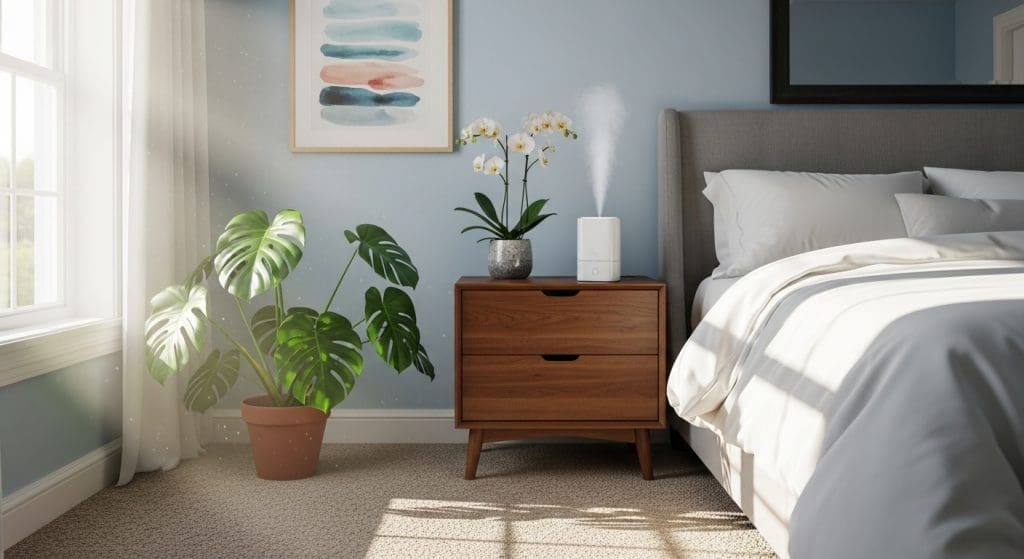 US bedroom with plants and humidifier