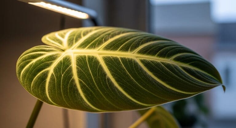 Velvet P. verrucosum leaf under soft east-window light; slim bar ~30 cm above