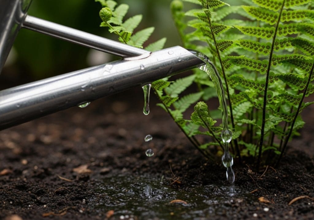 Watering a rare fern with a long-spout watering can