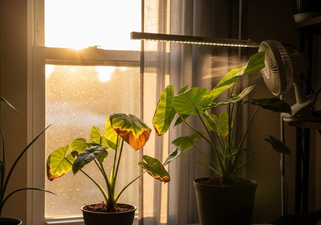 West window with warm afternoon light; leaf edges crisping near a hotspot