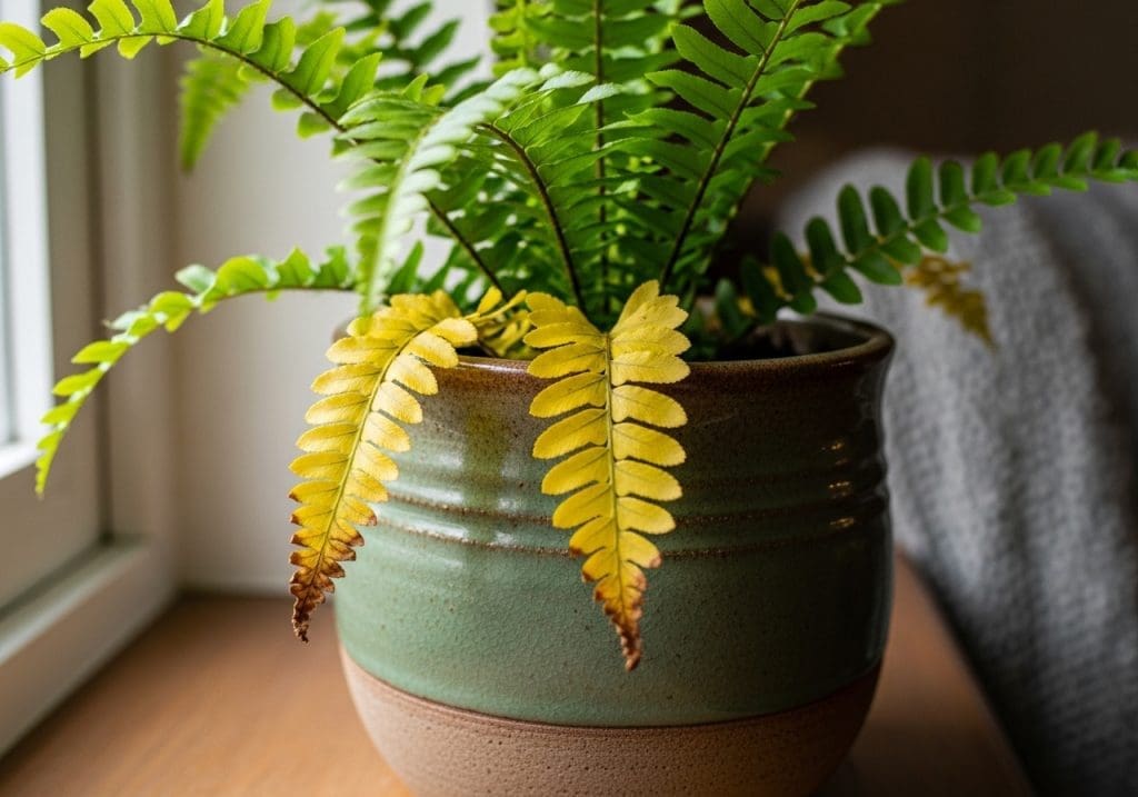 Yellowing Boston fern fronds from overwatering