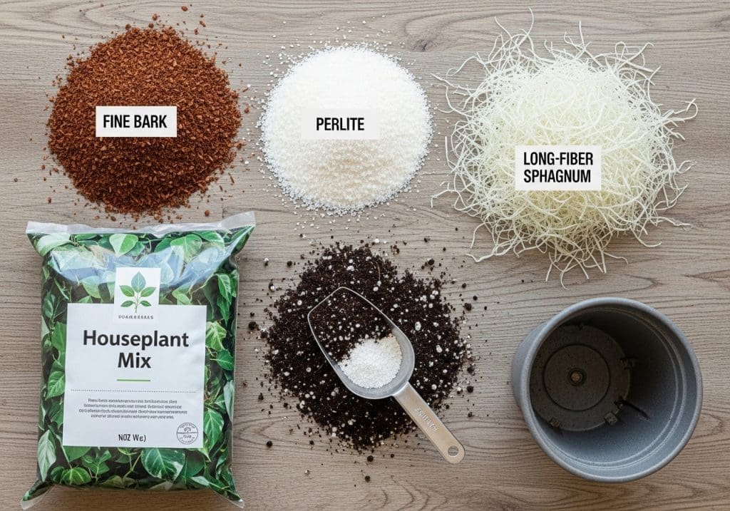 airy potting mix ingredients for cloud-forest plants on a bench