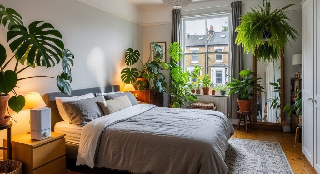 bedroom with plants and humidifier in UK style