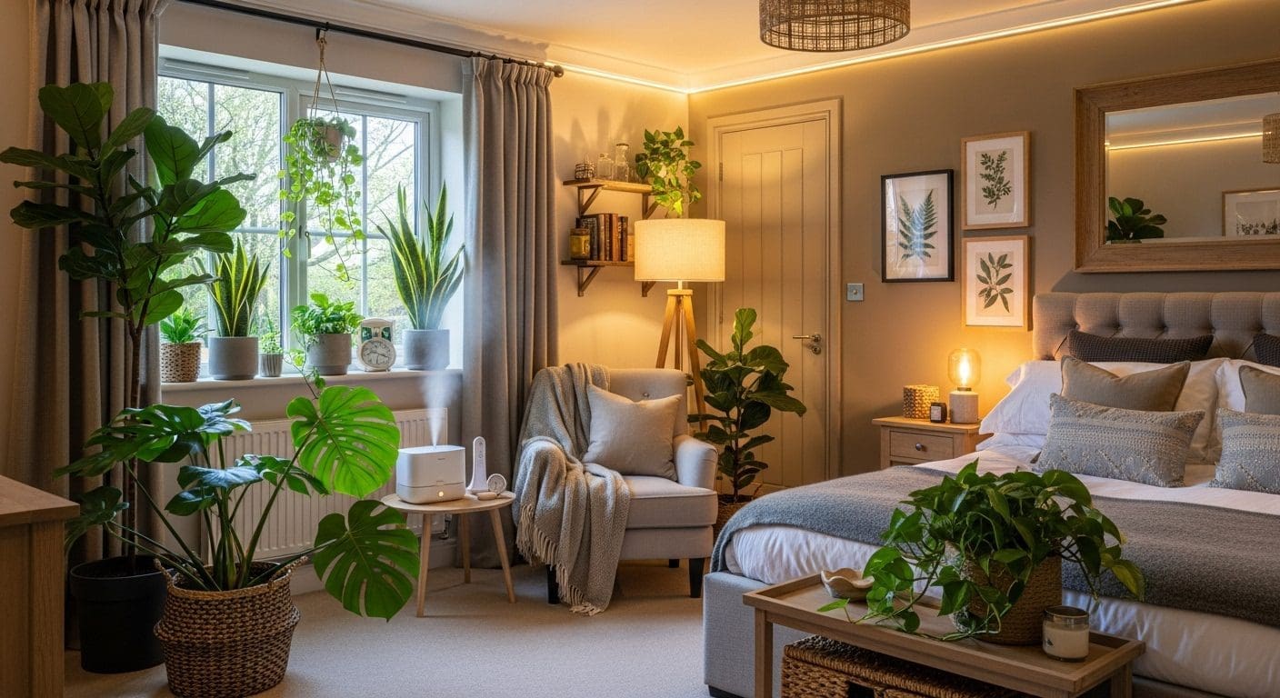 bedroom with plants, hygrometer, and humidifier
