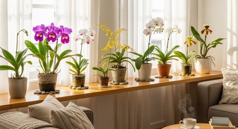 blooming rare tropical orchids on a shelf with soft filtered sunlight