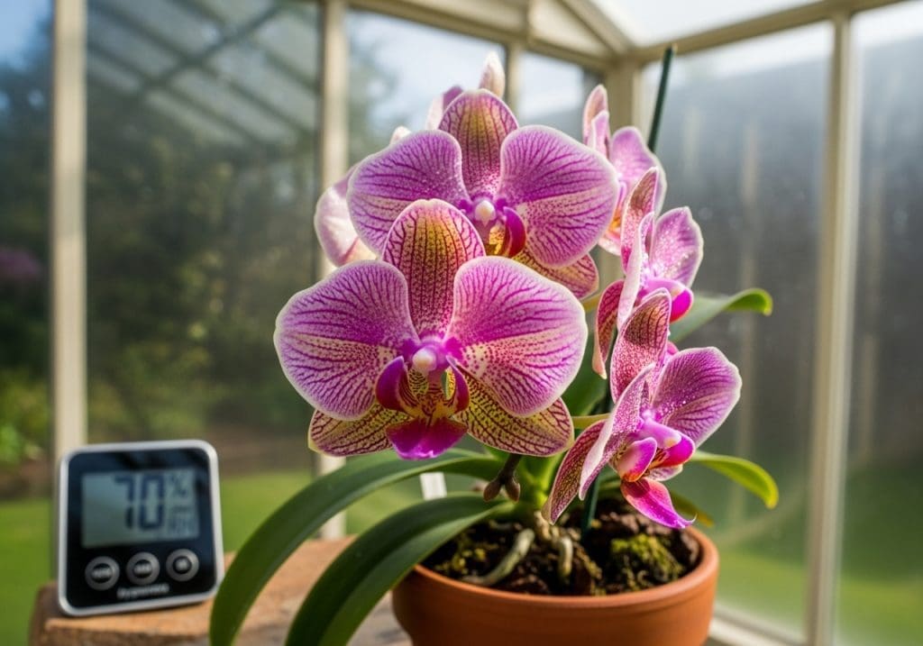 blooming tropical orchid with ideal indoor humidity reading
