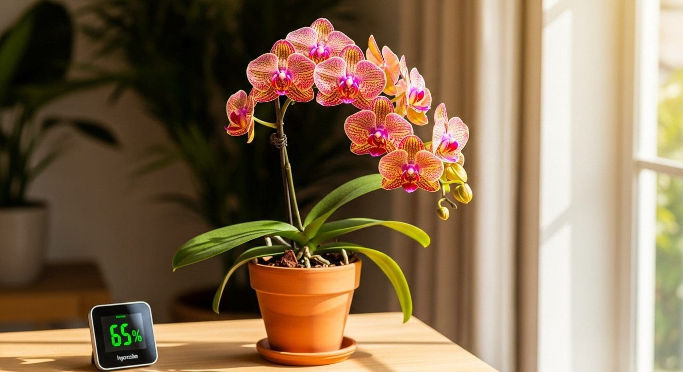 blooming tropical orchid with indoor humidity reading