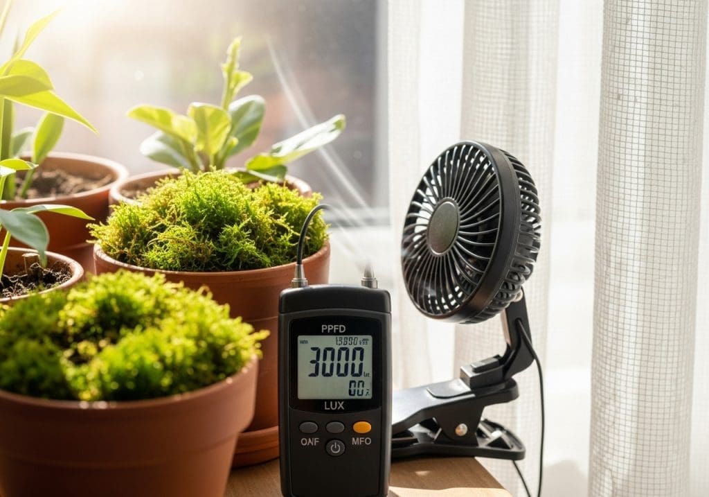 bright indirect light with lux meter and gentle airflow near plants