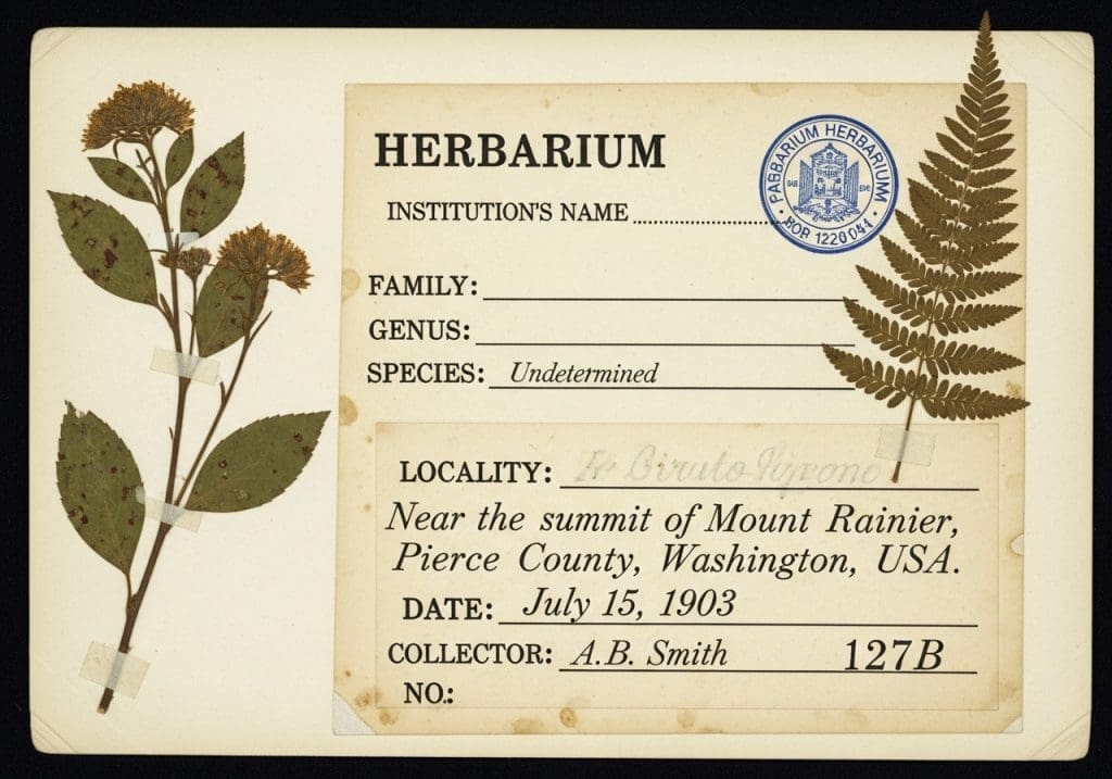 close-up of herbarium label with collection data and herbarium stamp