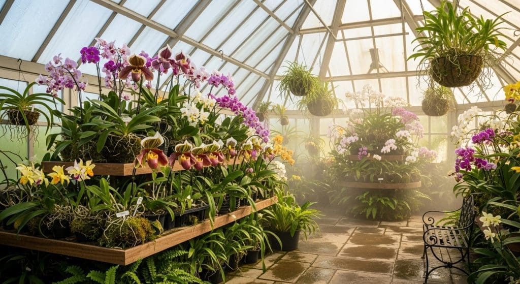 conservatory with rare orchids in bloom and filtered sunlight
