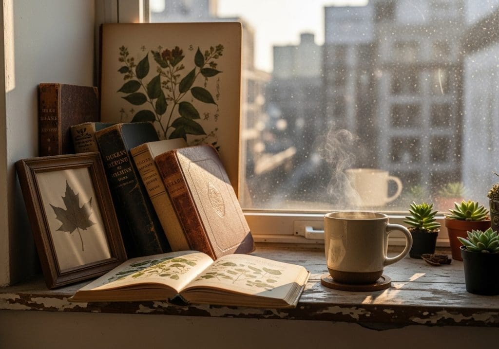 cozy windowsill with botany books and framed pressed leaf