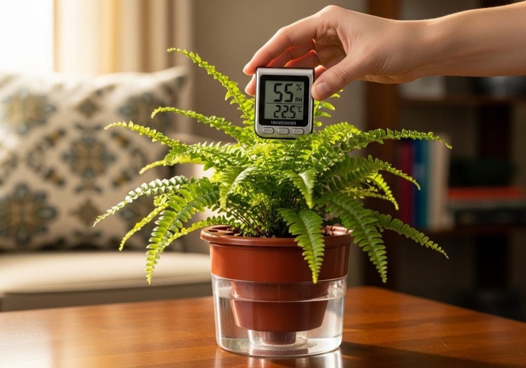 digital hygrometer measuring fern soil moisture