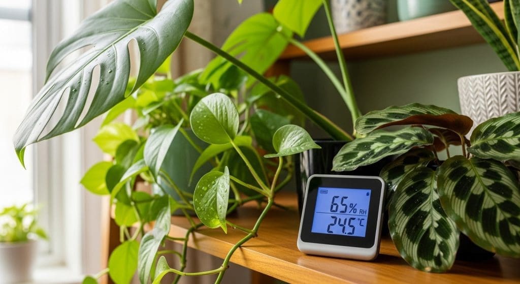 digital hygrometer on plant shelf