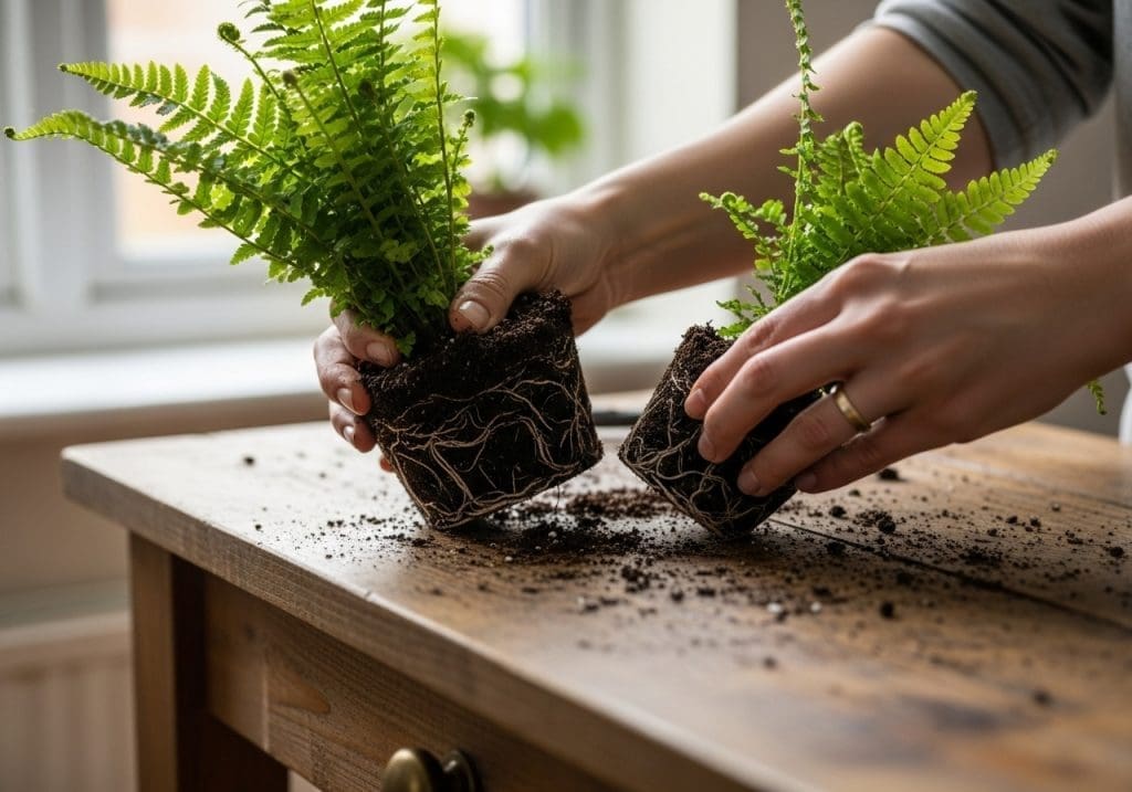 dividing a Boston fern into smaller plants on a potting bench