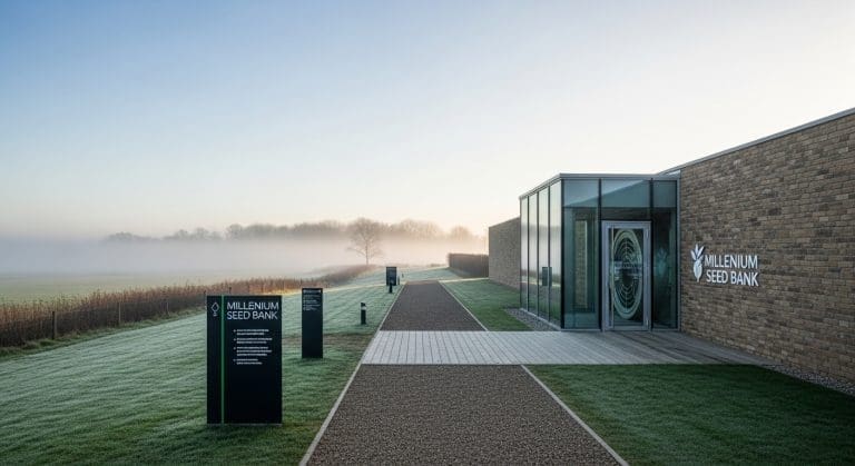 exterior of Millennium Seed Bank at Wakehurst on a misty morning