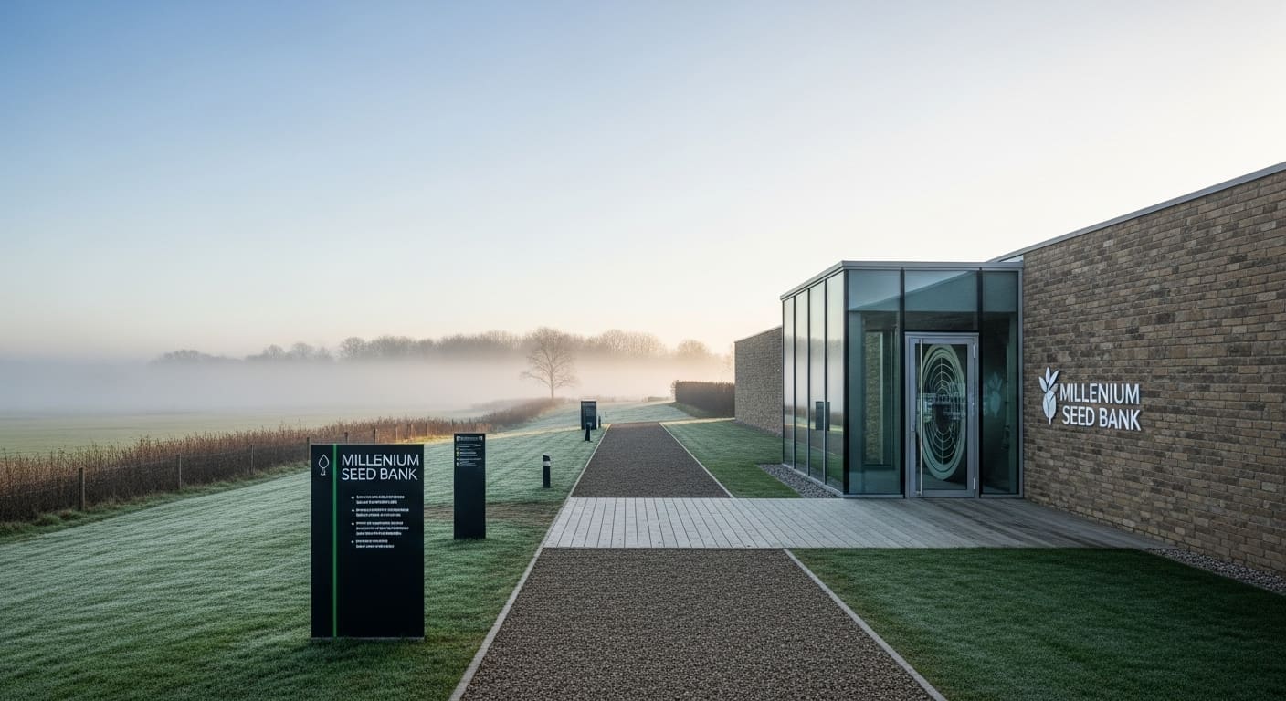 exterior of Millennium Seed Bank at Wakehurst on a misty morning
