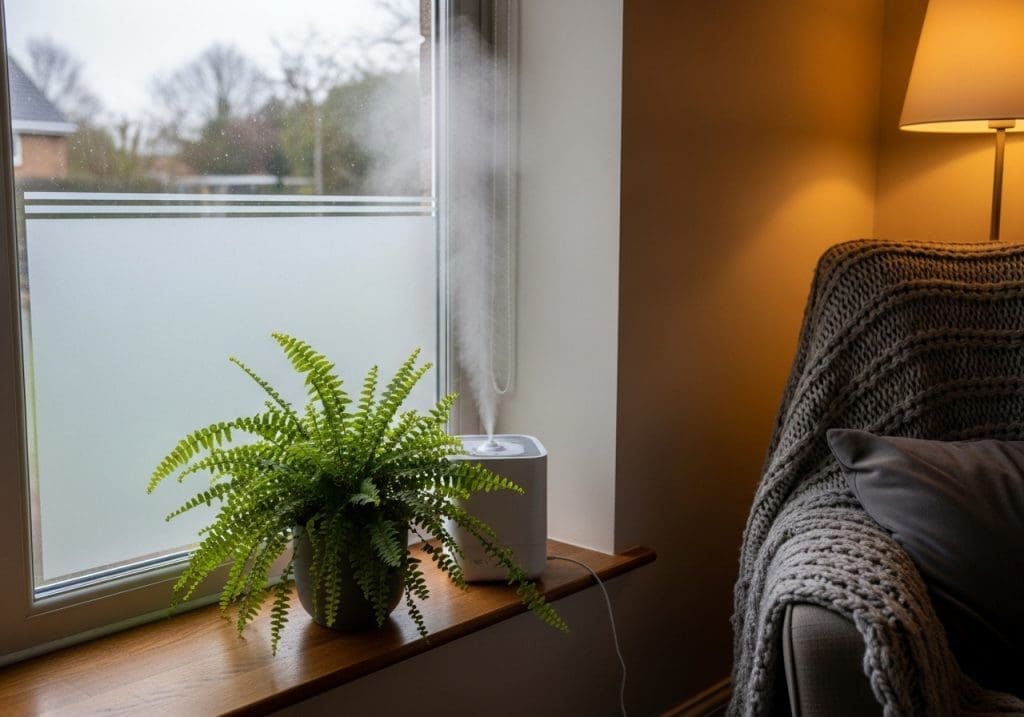 fern near frosted window with humidifier
