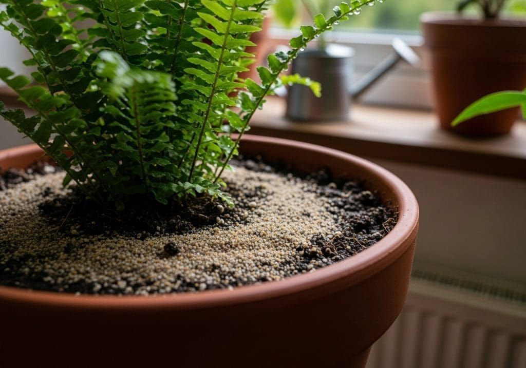 fern soil surface covered with sand to deter fungus gnats