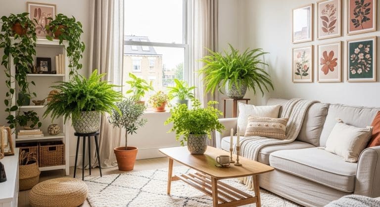 ferns in decorative pots in a bright UK apartment