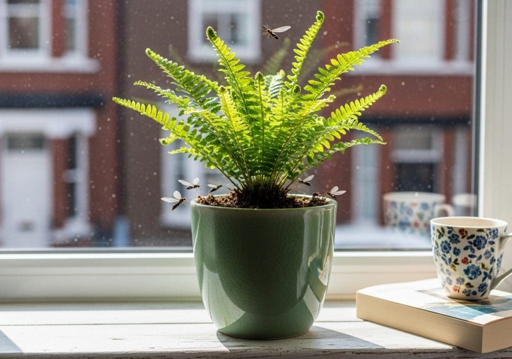 fungus gnats above indoor Boston fern soil