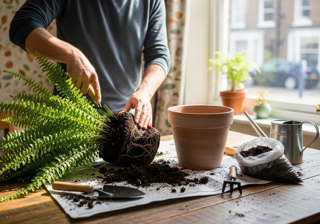 gardener repotting indoor fern to remove fungus gnat larvae