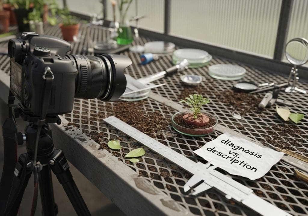 greenhouse bench with measuring tools and specimen for botanical description