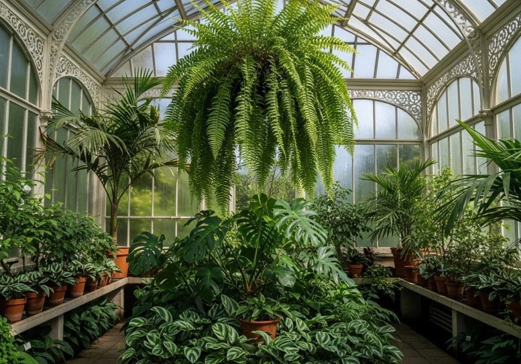 healthy hanging fern in bright conservatory
