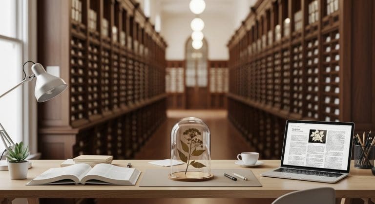 herbarium cabinets blending into a home desk with pressed specimen
