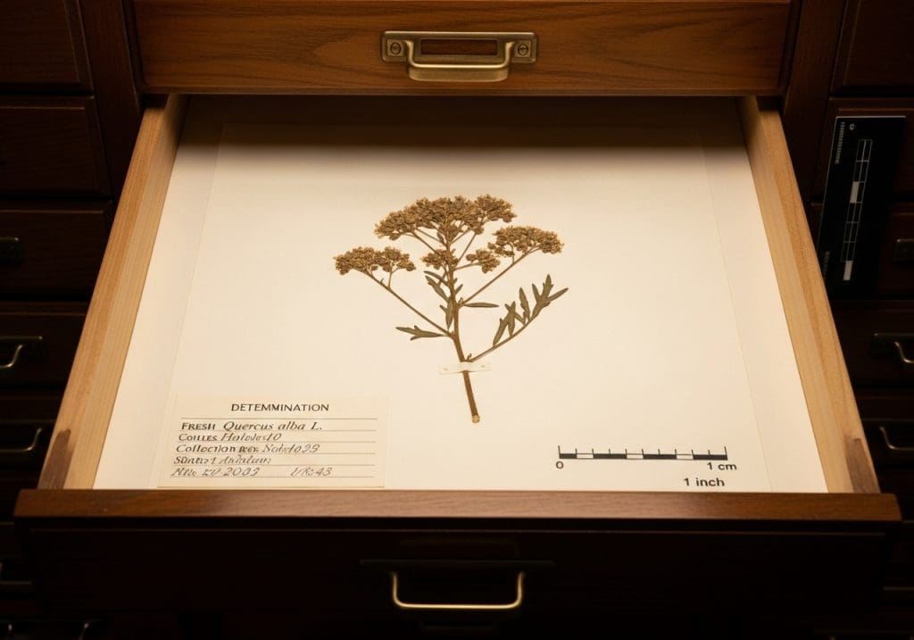 herbarium drawer with mounted specimen and determination slip