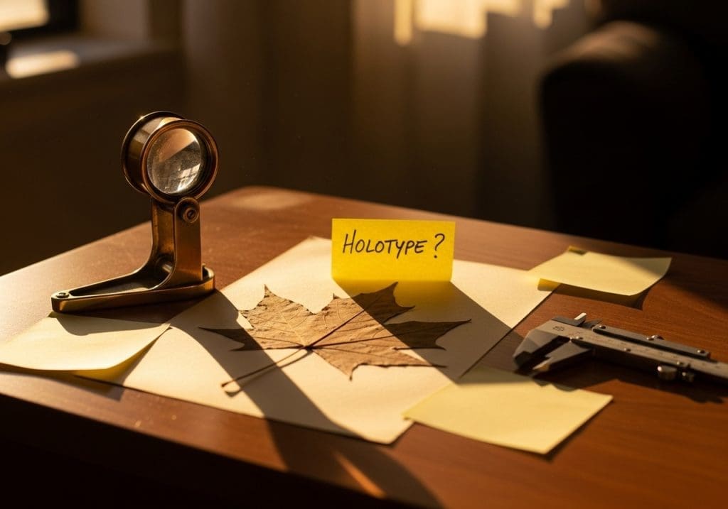 home desk with pressed leaf, hand lens, and notes about holotype