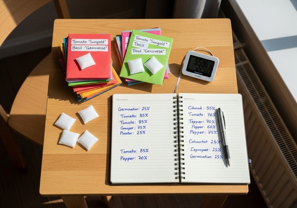 home seed saving setup with labels, silica gel, hygrometer, and notes