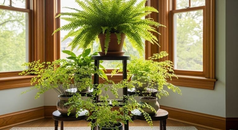 indoor fern arrangement on wooden stand near sunny window