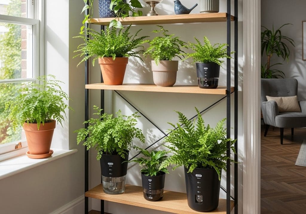 indoor shelf with ferns in stylish self-watering pots