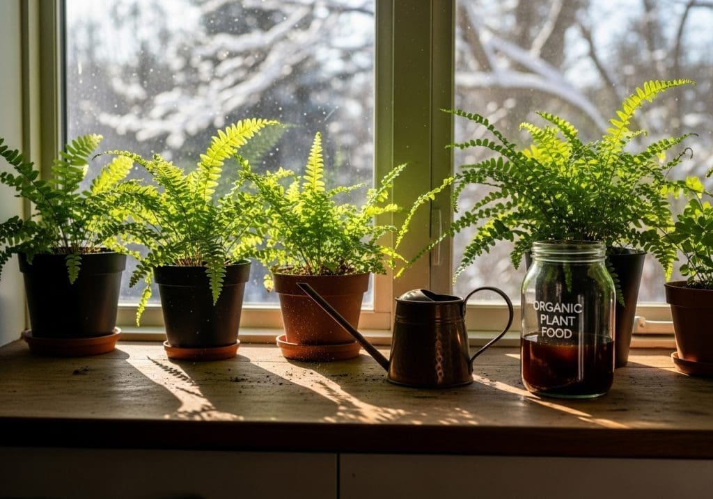 kitchen windowsill with ferns and organic plant food