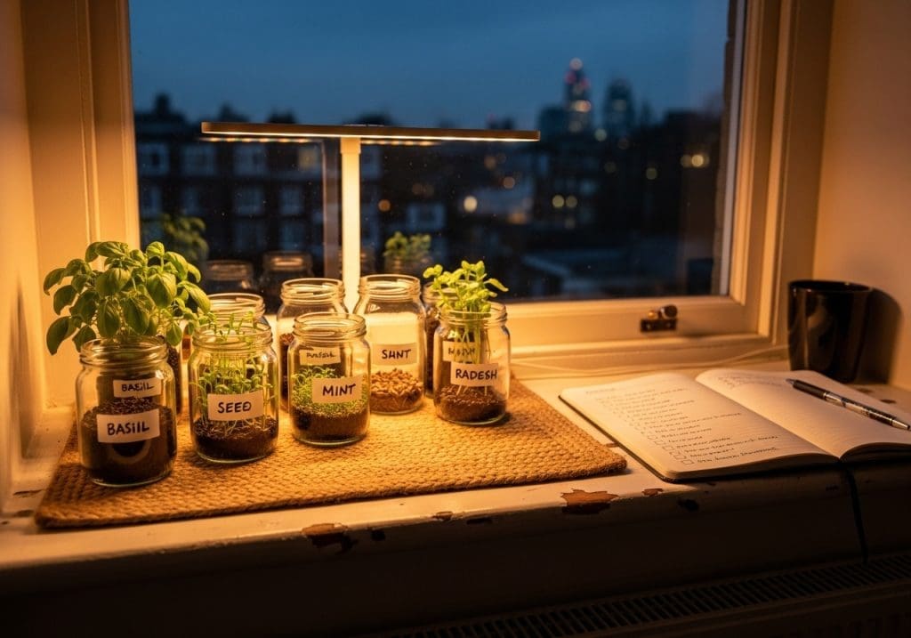 labeled seed jars and grow light on a London windowsill