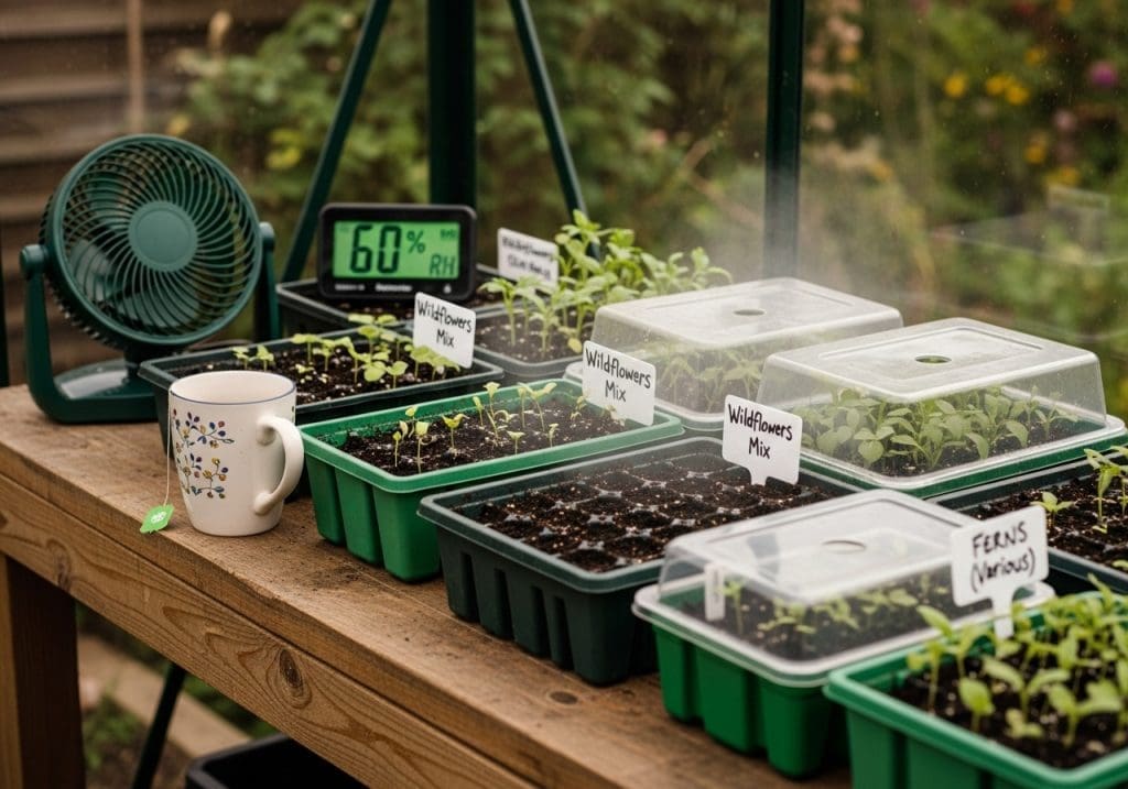 labeled seed trays in a small greenhouse with fan and hygrometer