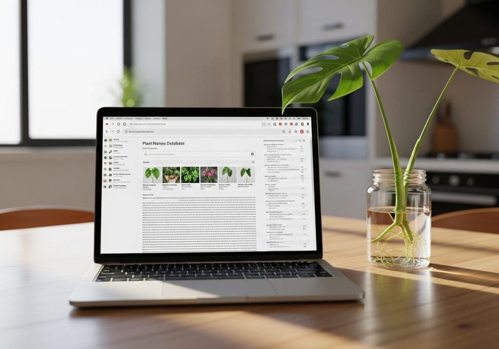 laptop showing plant name database next to a plant cutting on a home table