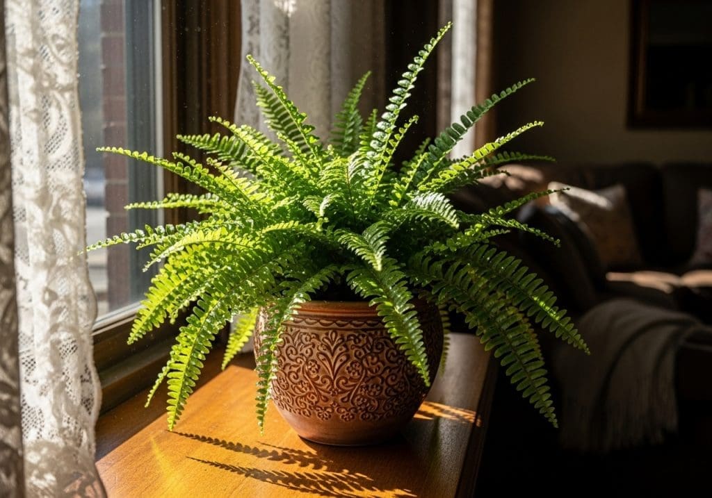 lush Boston fern in decorative pot near sunny window