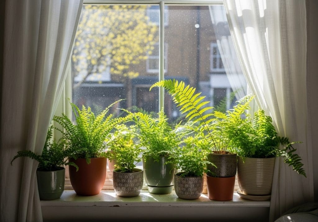 lush green ferns by a window in spring light